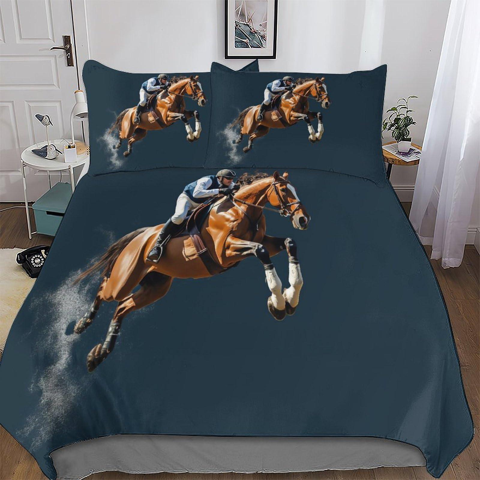 LLXXHH Horse Racing Duvet Cover Print Bedding Comforter Cover for Boys And Girls Soft Microfiber Quilt Cover 3 Piece with Pillowcase King(220x240cm)