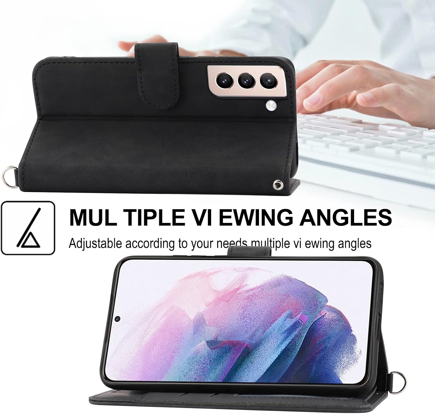 Wallet Case for Samsung Galaxy S22 5G with Wrist Strap Crossbody Shoulder Strap, Embossed Leather Flip Purse Credit Slim Stand Cell Phone Cover for S 22 22S 4G G5 6.1 inch Women Girls Black