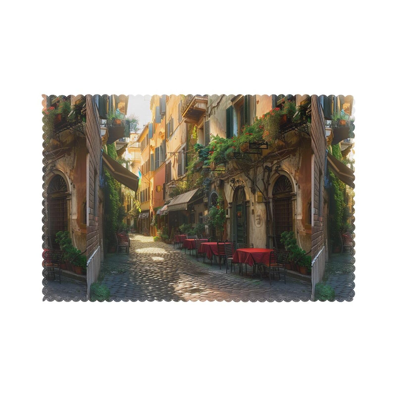 Italian Old Street Printing Polyester Placemats 6 Pieces, Indoor Outdoor Heat Resistant Dinner Table Place Mats Set of 6, 45x30 CM