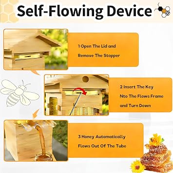 Beehive Starter Kit, Self-Flowing Wooden Bee Box, with Observation Window and Honey Spout, Self-Flow Hive Beehive Starter Kit, for Backyard Beekeeping and Garden Pollination.