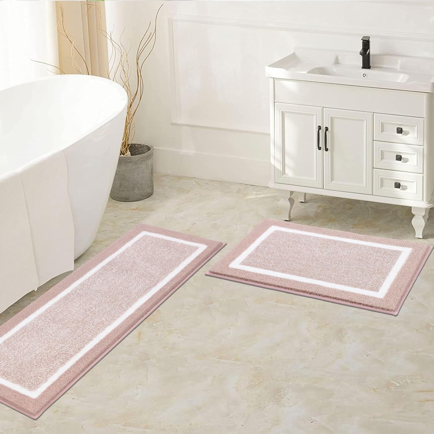 Pauwer Bathroom Rug Set, Non Slip Mats, Absorbent Shower Rugs for Tub & Floor, Machine Washable, Dusty Pink