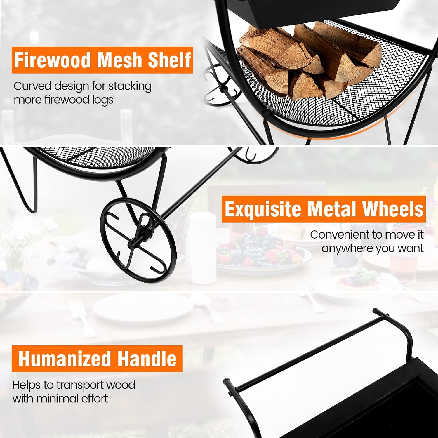 S AFSTAR 21.5" Fire Pit & Firewood Log Rack, Outdoor Square Firepit & Firewood Holder w/Spark Screen, Rolling Wheels, Large Handle, Heavy-Duty Metal Frame, Portable Fire Pit Cart for Indoor & Outdoor