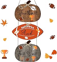 Barydat 3 Pcs Football and Fall Y'all Wooden Sign Fall Football Sign Front Door Decor Thanksgiving Farmhouse Decorations for Home Rustic Wood Pumpkin Hanging Autumn Porch with Bow for Garden Harvest
