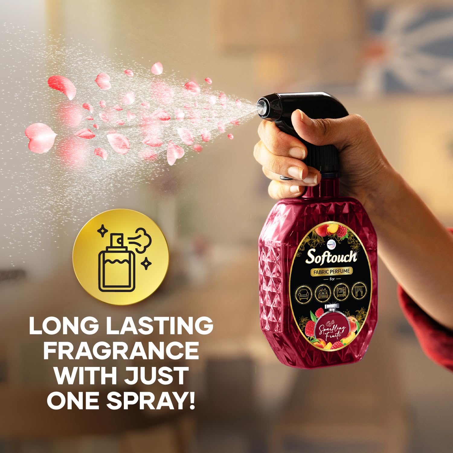 Softouch Fabric perfume Spray Sparkling Fruit 370 ml| Instant frgarance| Eliminates odours on Clothes, Curtains, Sofa, Cushions, Carpets, Bedding 2