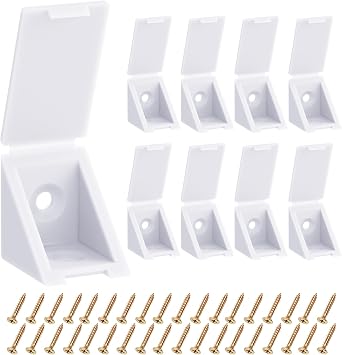 10 Pcs L Shape Brackets with Cover Cap, 0.8"x0.8", 17mm Width | Plastic Nylon Corner Braces with Cover Caps & Screws, 90 Degree Right Angle Brackets for Cabinet, Shelves Wood Furniture