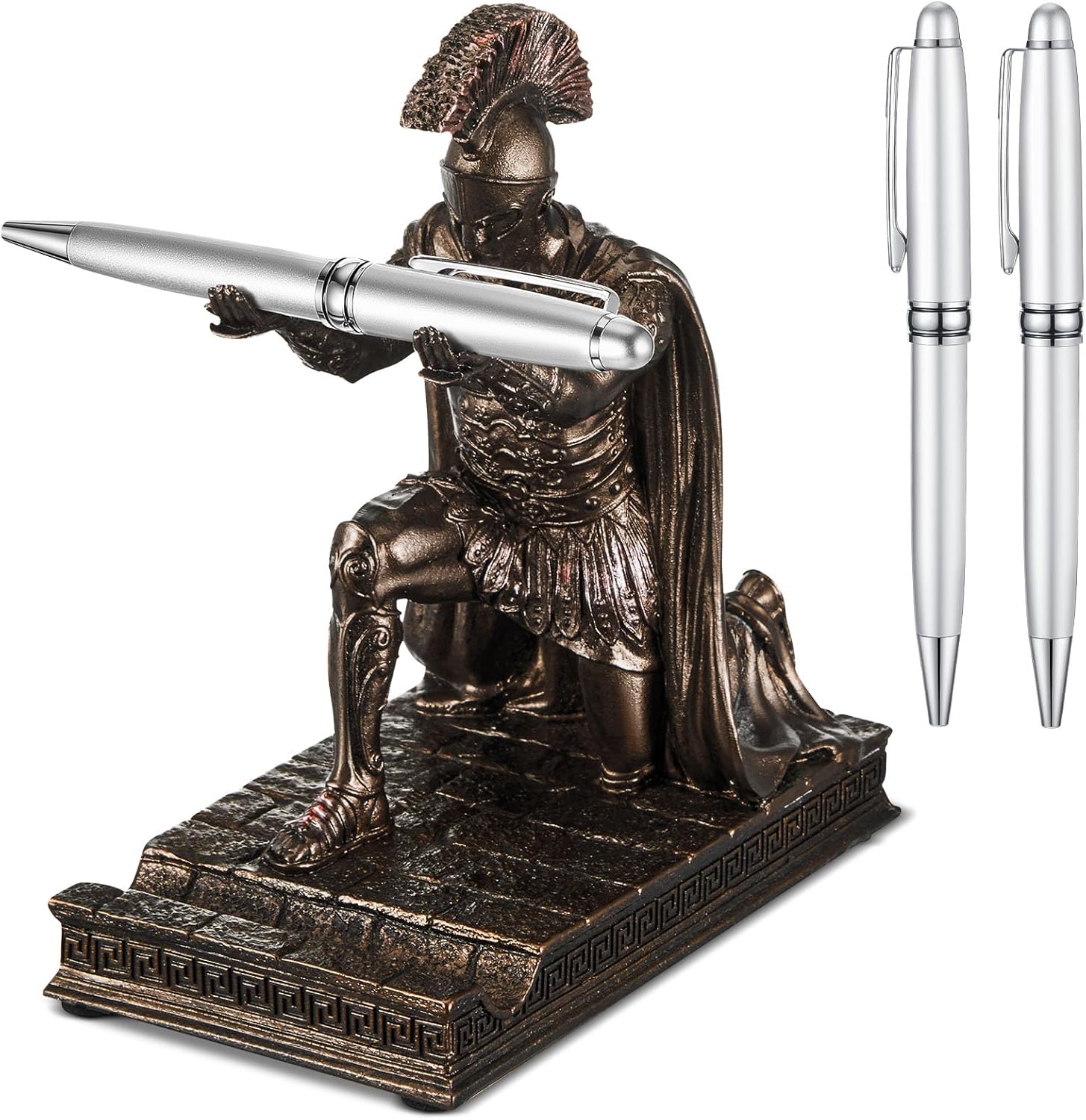 Spakon Roman Knight Pen Holder with 2 Pens Resin Desk Organizers and Accessories Funny Executive Pen Stand King's Guard Fancy Cool Office Gadgets Cool Desk Decorations for Men Home Supplies