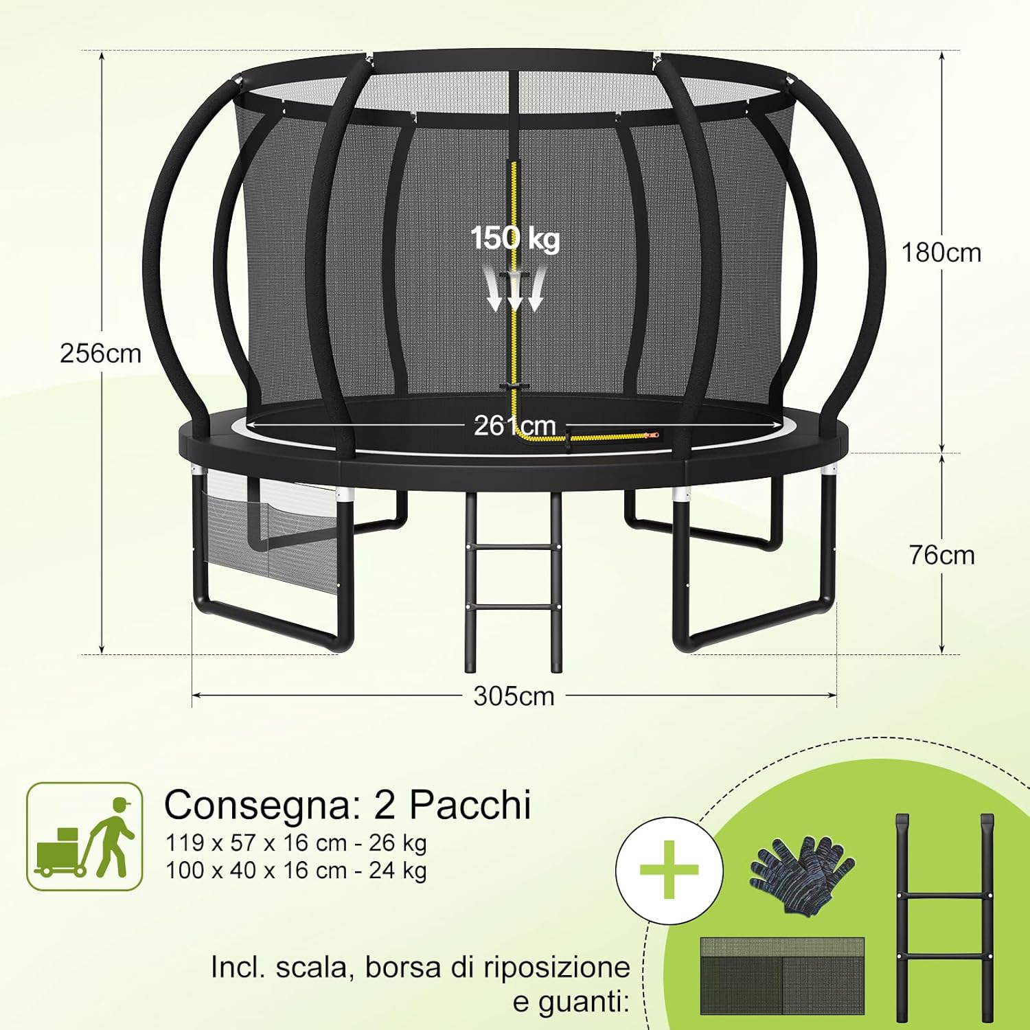 Diagram showing all included components and dimensions of the 305 cm trampoline.