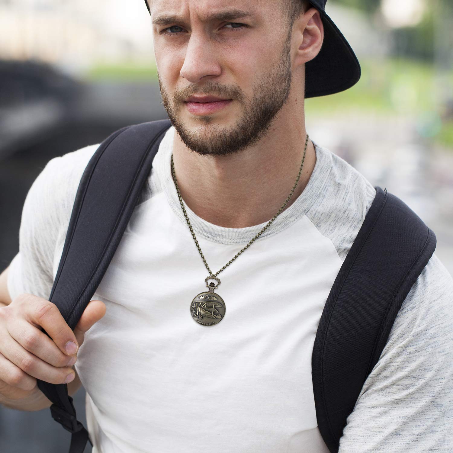 Lancardo Pocket Watch for Men Vintage Bronze Aircraft Decorative Case Arabic Numeral Dial Quartz Analog Pocket Watch with Chain for Father's Day