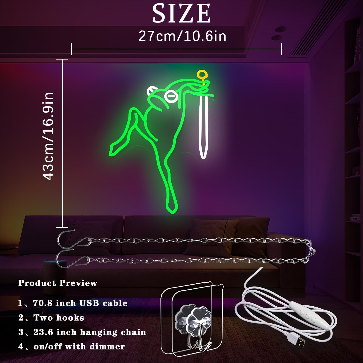 Frog And Sword Neon Sign for Wall Decor Animal Neon Light Cool Frog LED Neon Sign Green Led Neon Light for Bedroom Store Man Cave Zoo Martial Arts School Decoration - Image 3