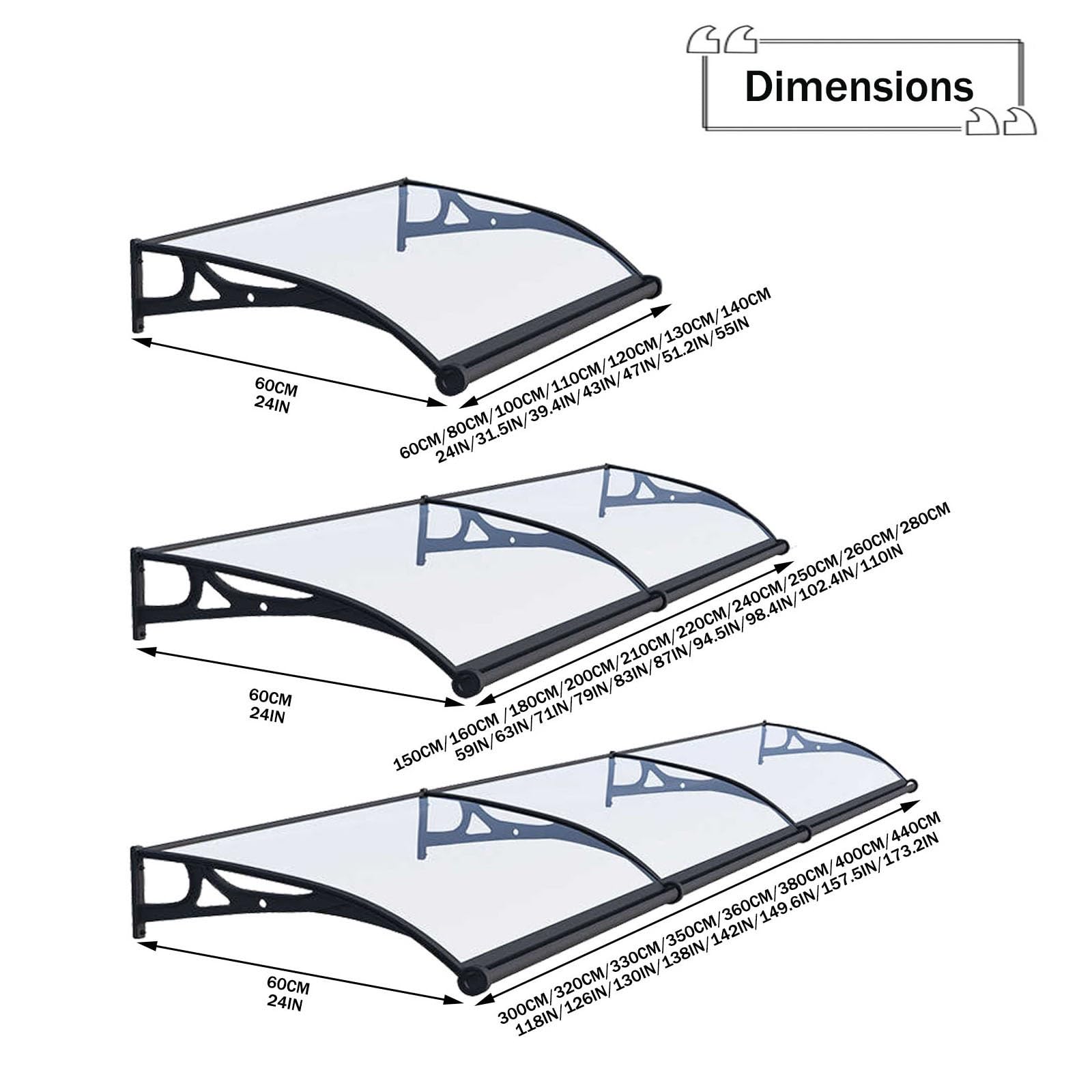 Tettoia Impermeabile per Veranda, Copertura Antipioggia per Finestra, Robusta Tenda ad Arco con Design a grondaia per Porta d'ingresso, drenaggio rapido, Riparo Esterno 24"x59".