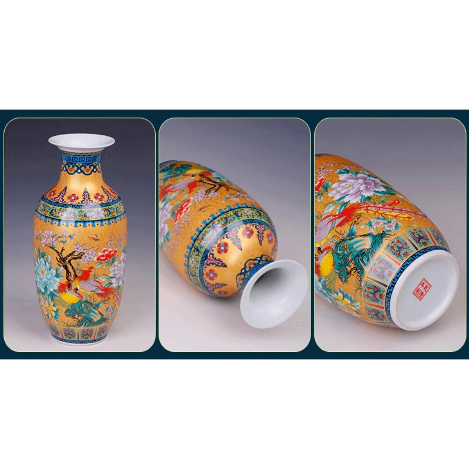 Vaso da Terra in Ceramica Jingdezhen Vaso da Fiori Decorativo in Stile Cinese Alto 38 cm con Base in Legno Vaso Classico in Porcellana Cinese retrò per la Decorazione del Soggiorno