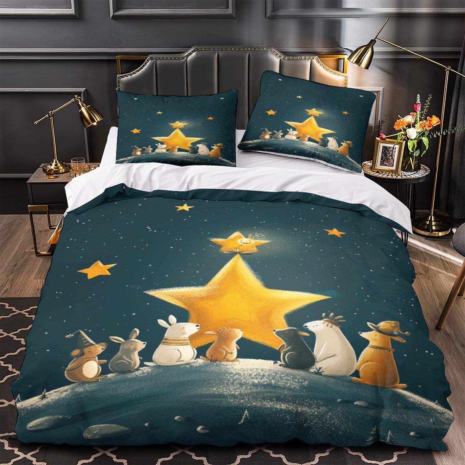 Estrellas y Animales Juego De Funda Nordica Y Fundas De Almohada De Microfibra Suave con Diseño 3D Dibujos Animados Y Cierre De Cremallera para Ninos Ninas Adultos Y Ninos King（220x240cm）