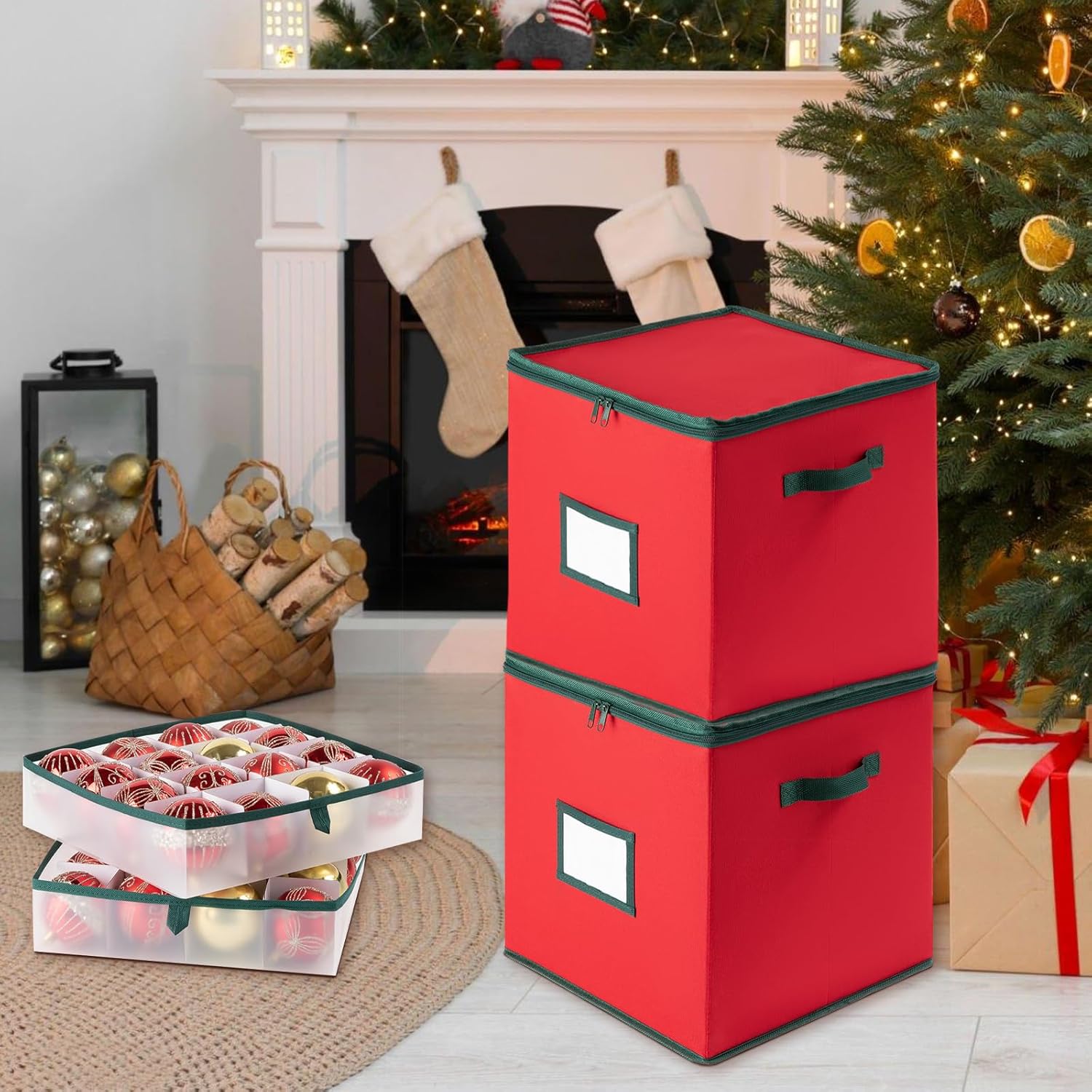 OIAHOMY 2 Pack Ornament Storage Box with Handle, Each Ornament Storage Holds 64 Balls, Christmas Decoration Box Include Plastic Trays and Zip-Lock Lid, Made of 600D Oxford Fabric - Red - Image 8