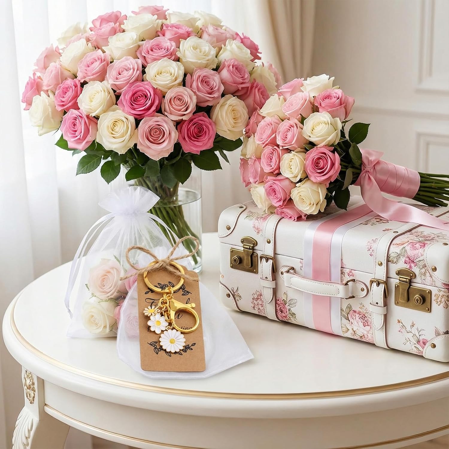 Ecation 20 Set Flower Keychain Party Favor Wedding Gift Bulk Keyring Charm for Guest Baptism Bridal Shower(White,Sunflower)