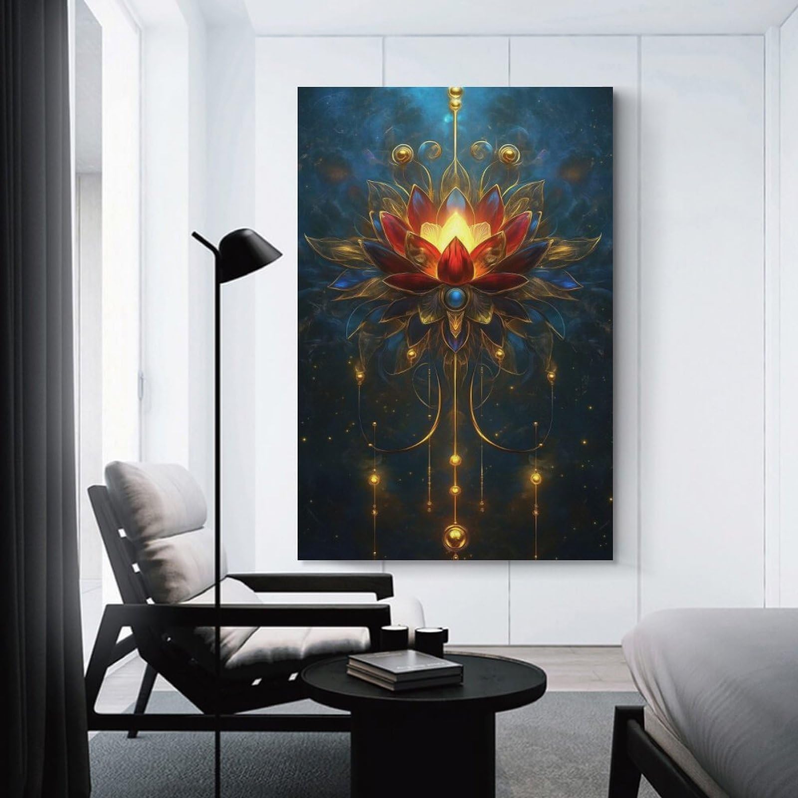 Junmoney Golden Lotus Mandala Canvas Wall Decor 24x36inch(60x90cm), for Lounge, Study, Hallway Or Flat Walls, Canvas Wall Art That Fits Changing Layouts