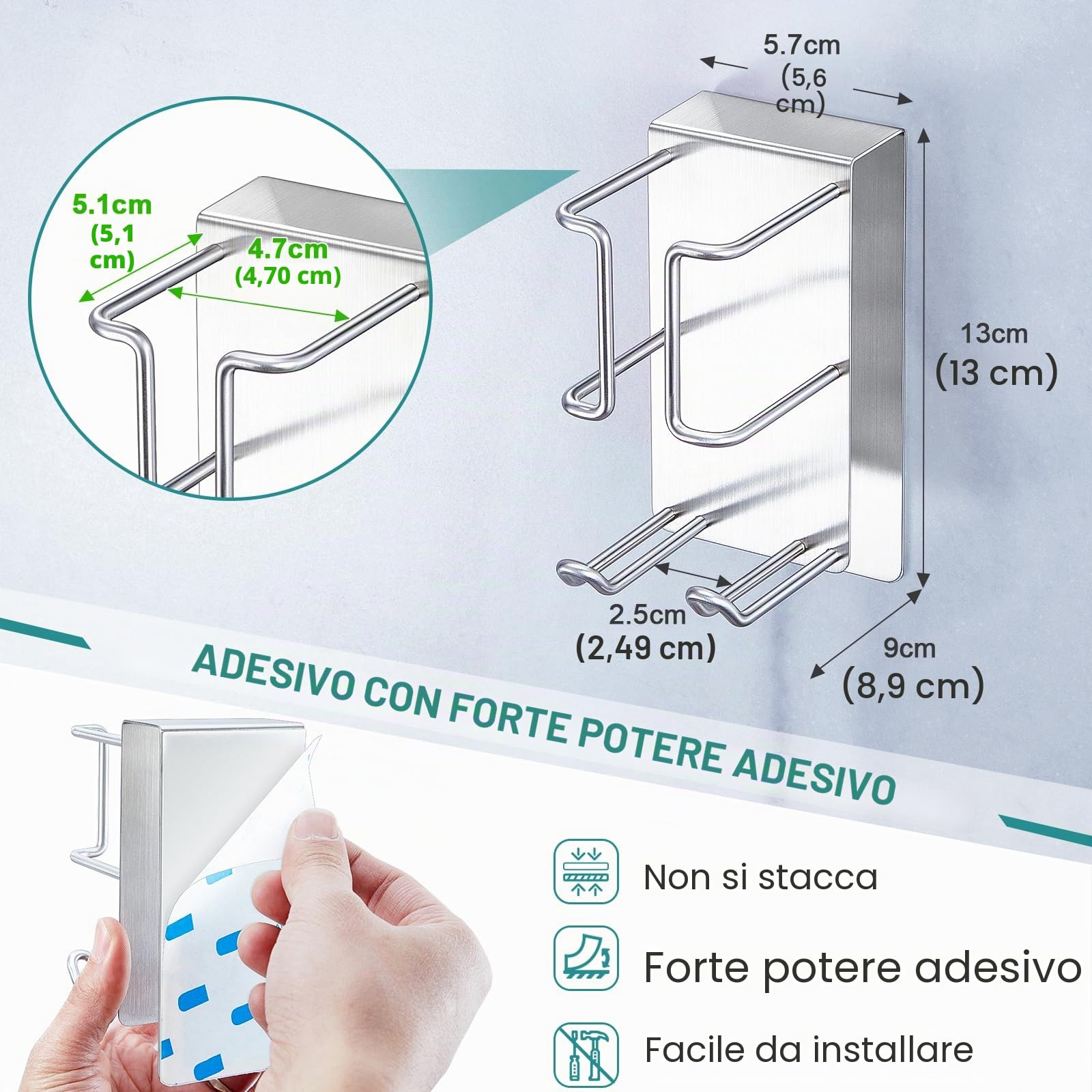 GGQ Supporto per asciugacapelli e piastra, porta phon senza foratura, porta phon da muro, contenitore per piastra e asciugacapelli, appendi phon bagno autoadesivo (Argento)