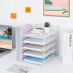 Organisateur de bureau avec détenteur de fichiers, organisateur et accessoire de bureau, 5-Tier Carnet de lettre papier, Organisateurs de fichiers de bureau Mesh, Organisation et stockage pour l'école, la maison, le bureau (Blanc)