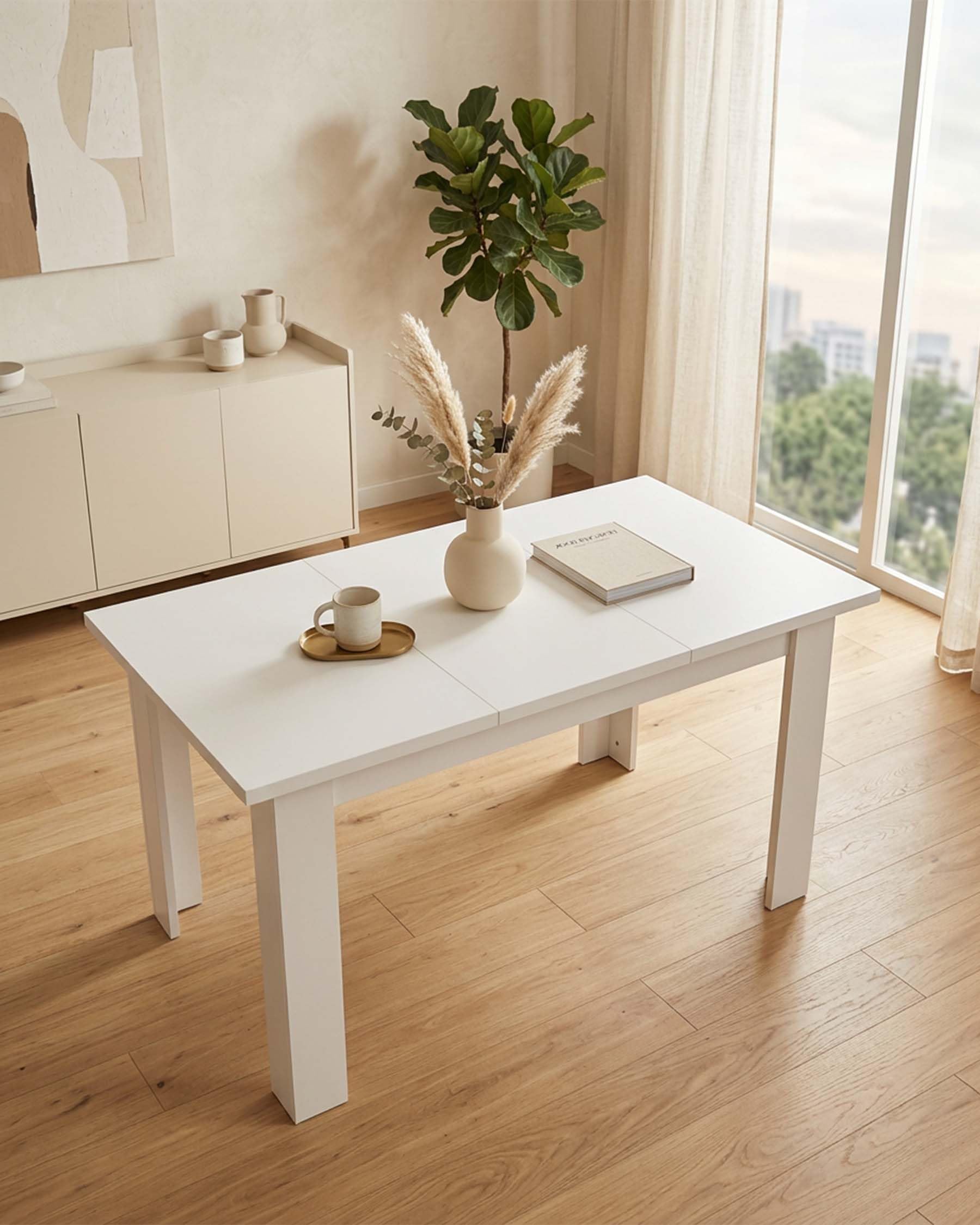 Tavolo da Pranzo Bianco Rettangolare Cucina Sala 120×70×75cm | Due piani laterali sollevabili nascondono vani per stoviglie e accessori, mentre la parte centrale fissa resta disponibile