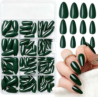 LoveOurHome 240pc Christmas Medium Press on Nails Almond Fake Nails Short Stiletto Almond Green Acrylic Nails Press ons Nail Full Cover False Artificial Nail with Glue Adhesive Tabs for Women Girls