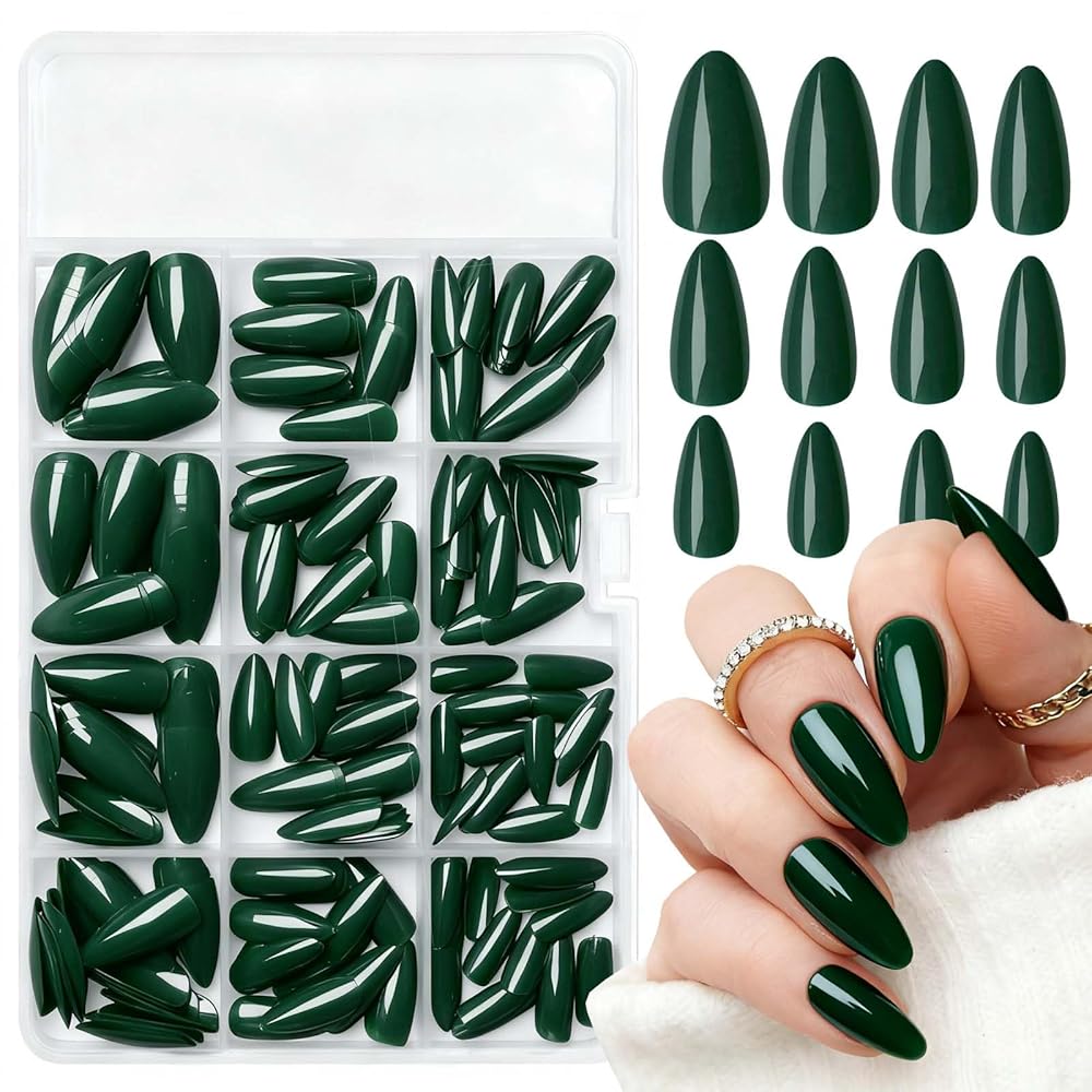 LoveOurHome 240pc Christmas Medium Press on Nails Almond Fake Nails Short Stiletto Almond Green Acrylic Nails Press ons Nail Full Cover False Artificial Nail with Glue Adhesive Tabs for Women Girls
