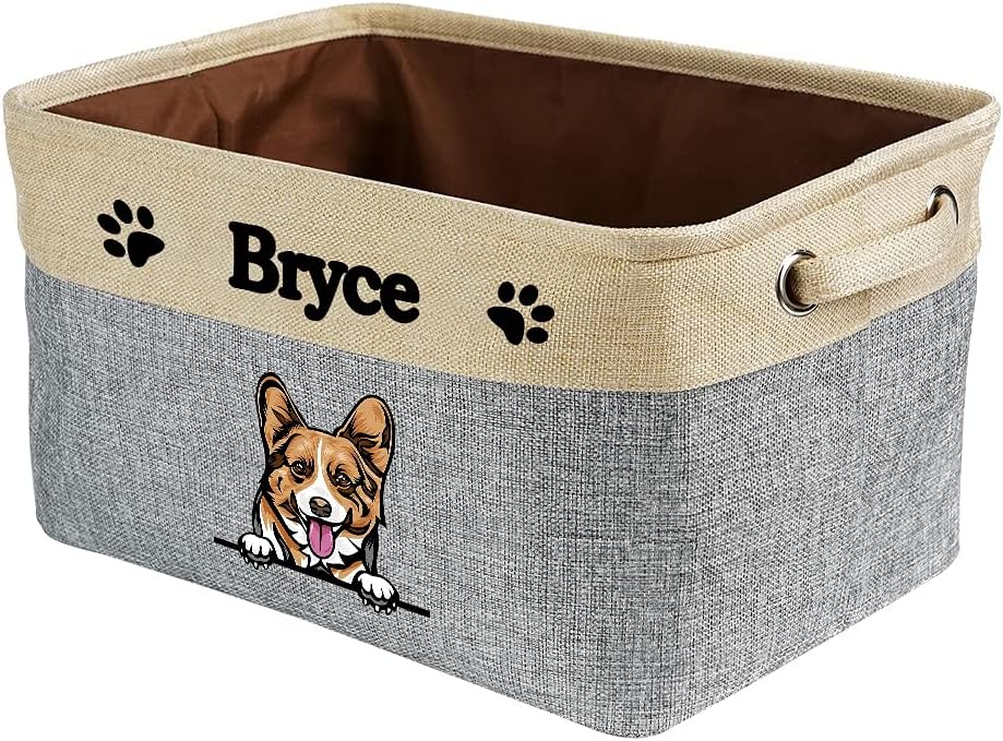 Personalized Fabric Dog Toy Storage Basket with Funny Dog Pembroke Welsh Corgi Collapsible Sturdy Fabric Pet Toys Storage Bin Cube with Handles for Organizing, Grey and White