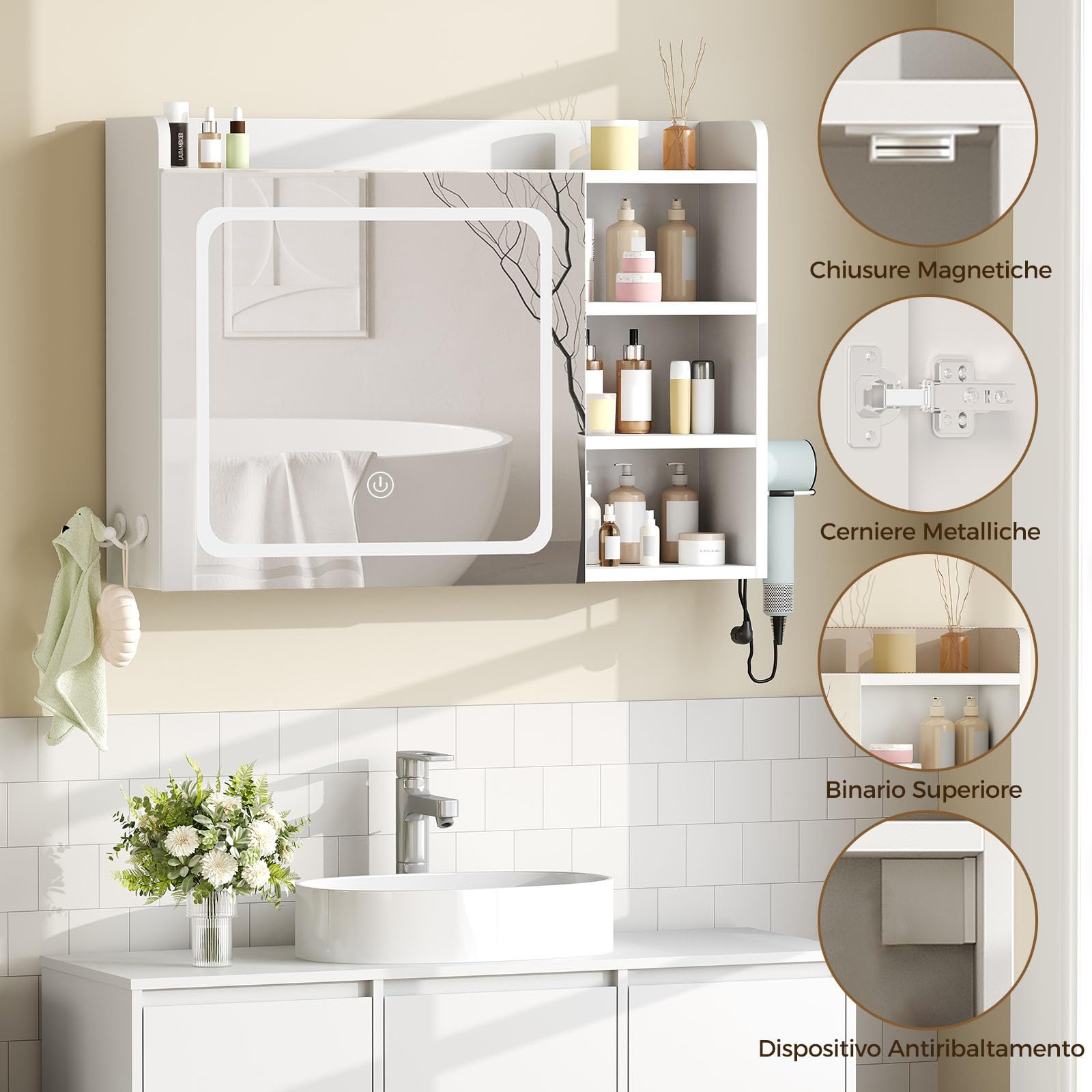 BEWISHOME Specchio Bagno Contenitore con Luci a LED 3 Tonalità Regolabili | Mobile Specchio Bagno Sospeso con Ripiano Regolabile,asciugacapelli e ganci,Bianco,17.5 x 80 x 60 cm EYJG01W