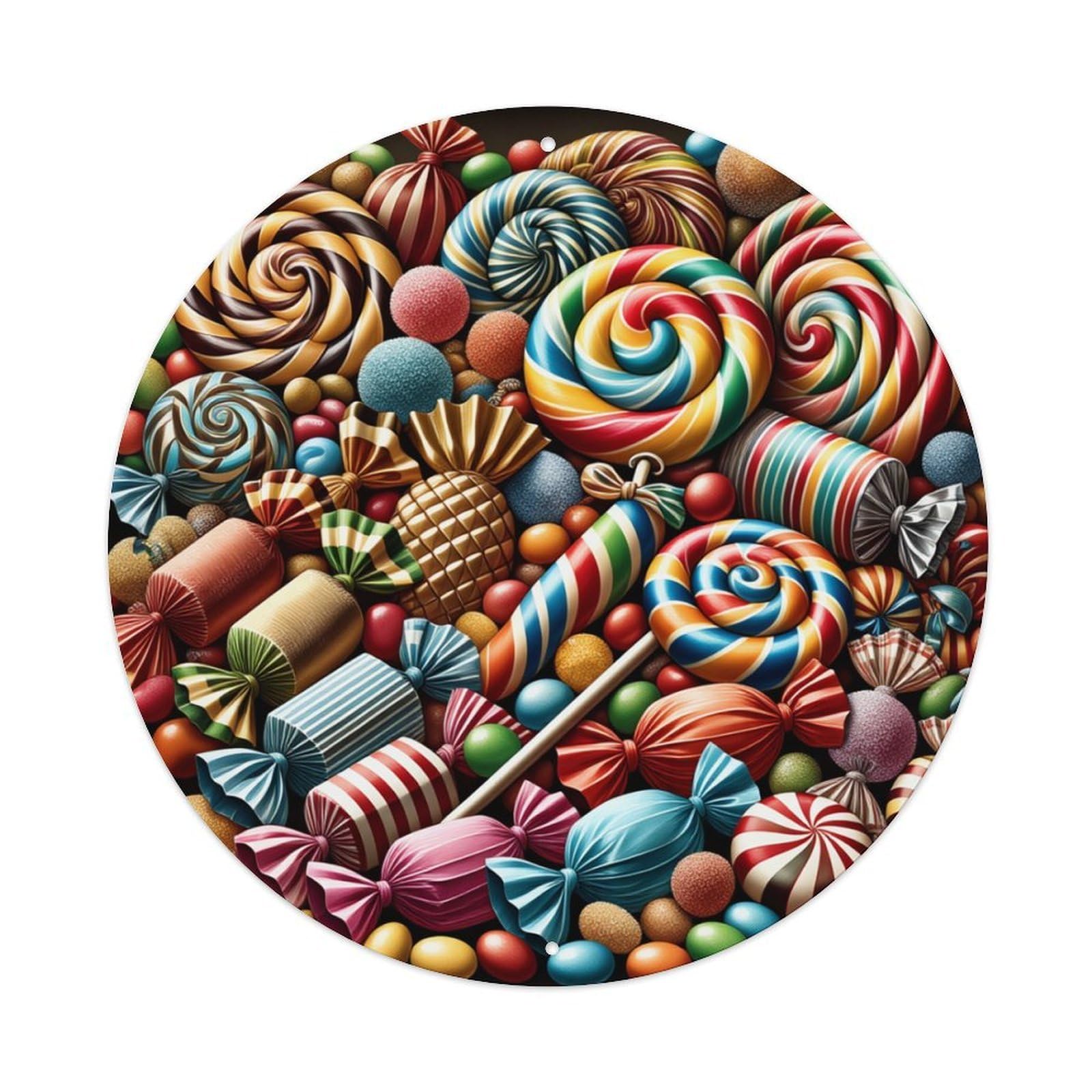 Colorful Candy Assortment Pattern Print Round Tin Sign Retro Metal Sign for Cafe Bar Pub Home Game Room Gym Club Wall Decoration Vintage Metal Poster 8x8 Inch