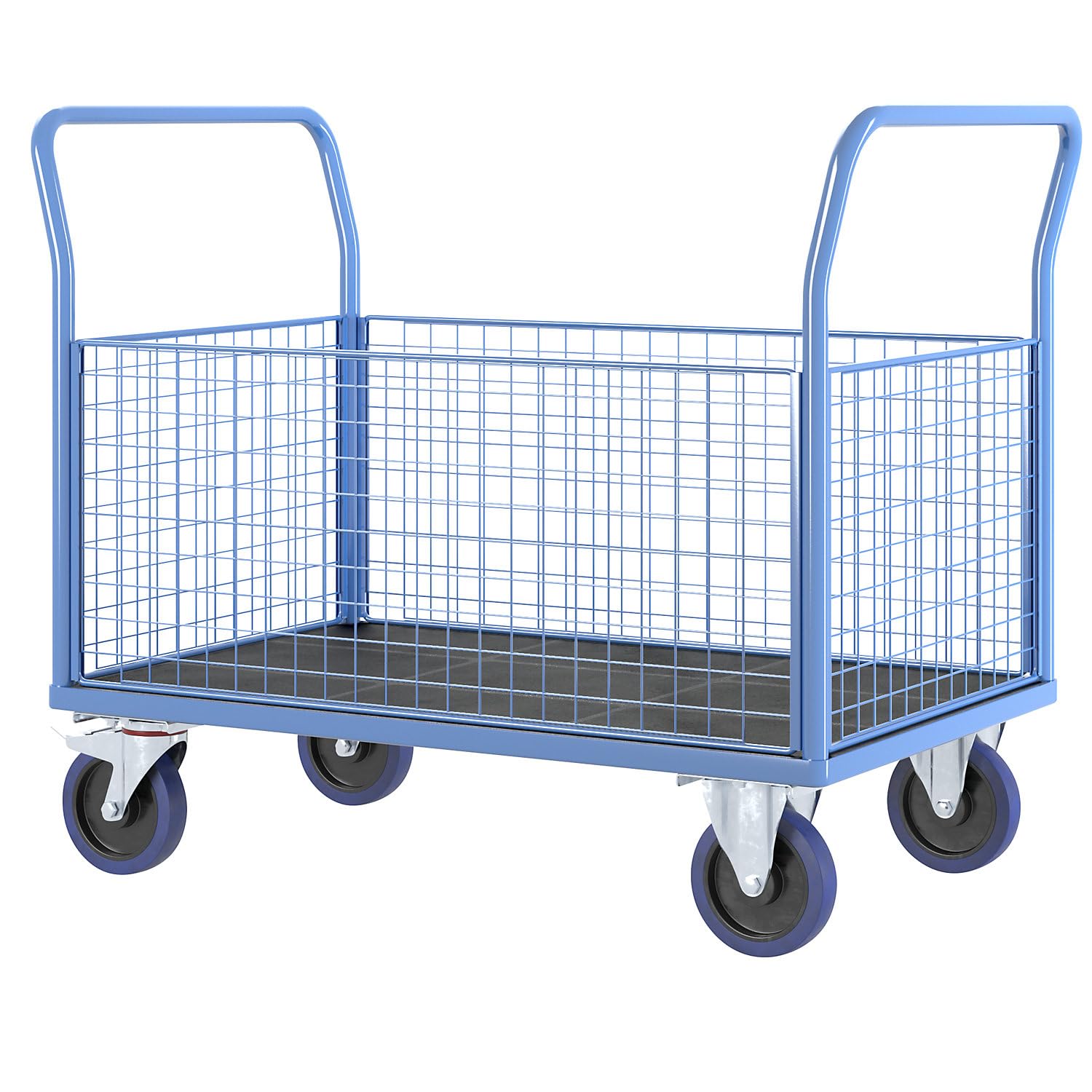 eurokraft pro | Plattformwagen mit Gitterwänden | Vollelastik-Rollen, 4 hohe Gitter, LxB 1200 x 750 mm