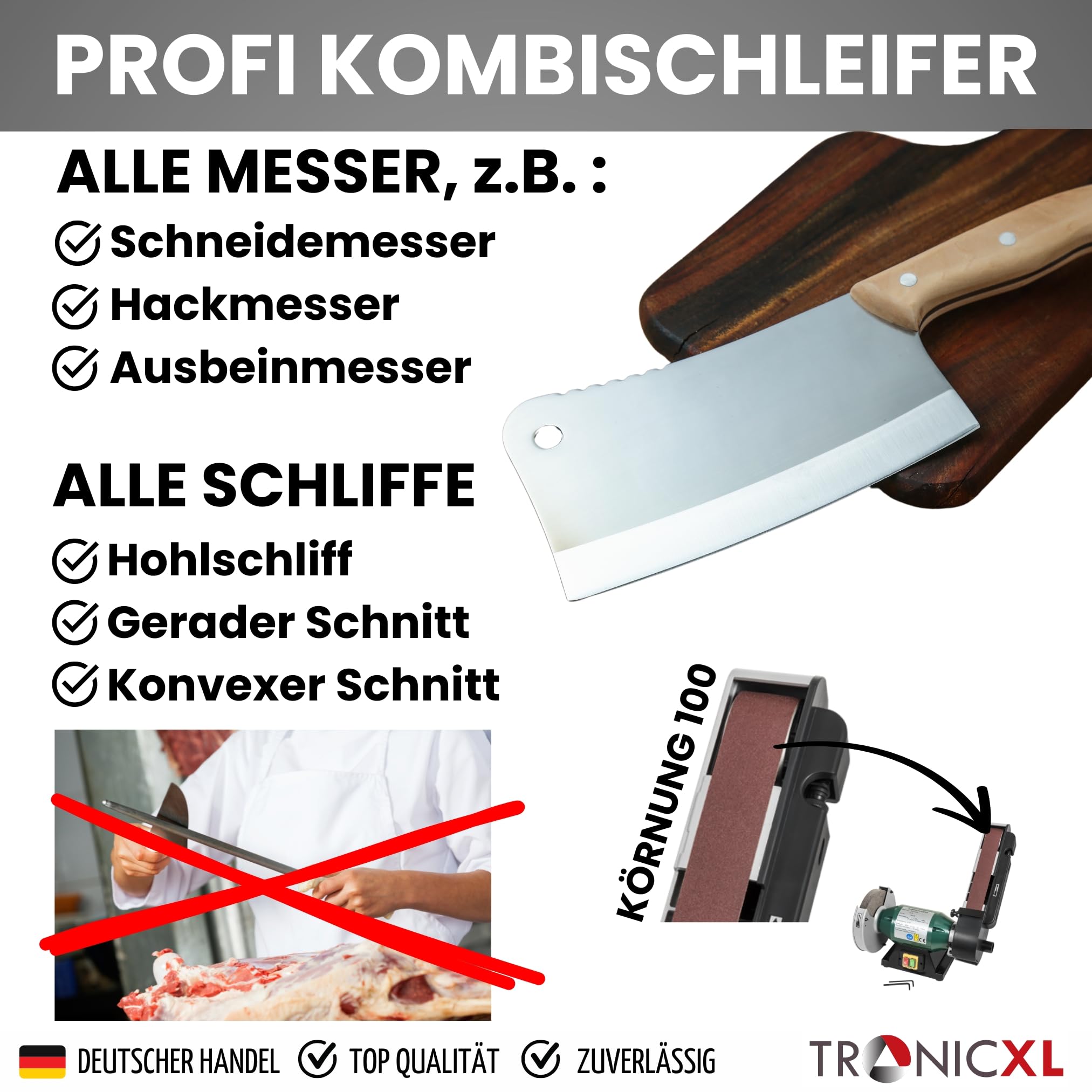 TronicXL Szlifierka kombi 600 W, tarcza filcowa do polerowania, taśma szlifierska, ostrzałka do noży, ostrzałka taśmowa, podwójna szlifierka taśmowa