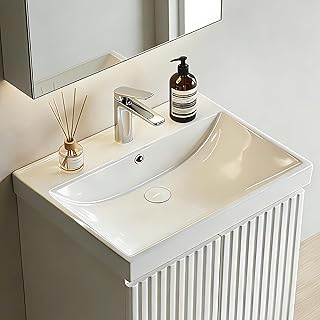 NUESTRA VIDA Einbau Waschbecken Keramik 61x46x16,5 cm Weiß Eckig, Bad Einbauwaschbecken mit Hahnloch und Überlauf, Waschtisch Einbauwaschtisch Handwaschbecken