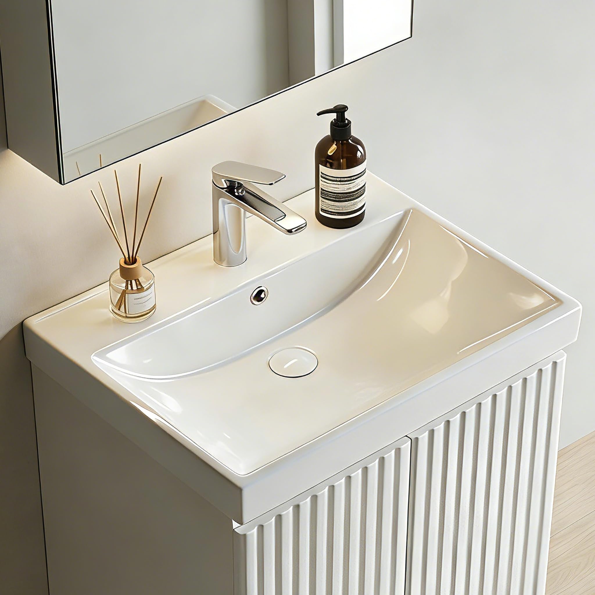 NUESTRA VIDA Lavabo Sobre Encimera, Lavabo de Porcelana para Baño Rectangular 61 × 46 × 16,5 cm, Blanco Brillo (Sin Mueble de Baño)