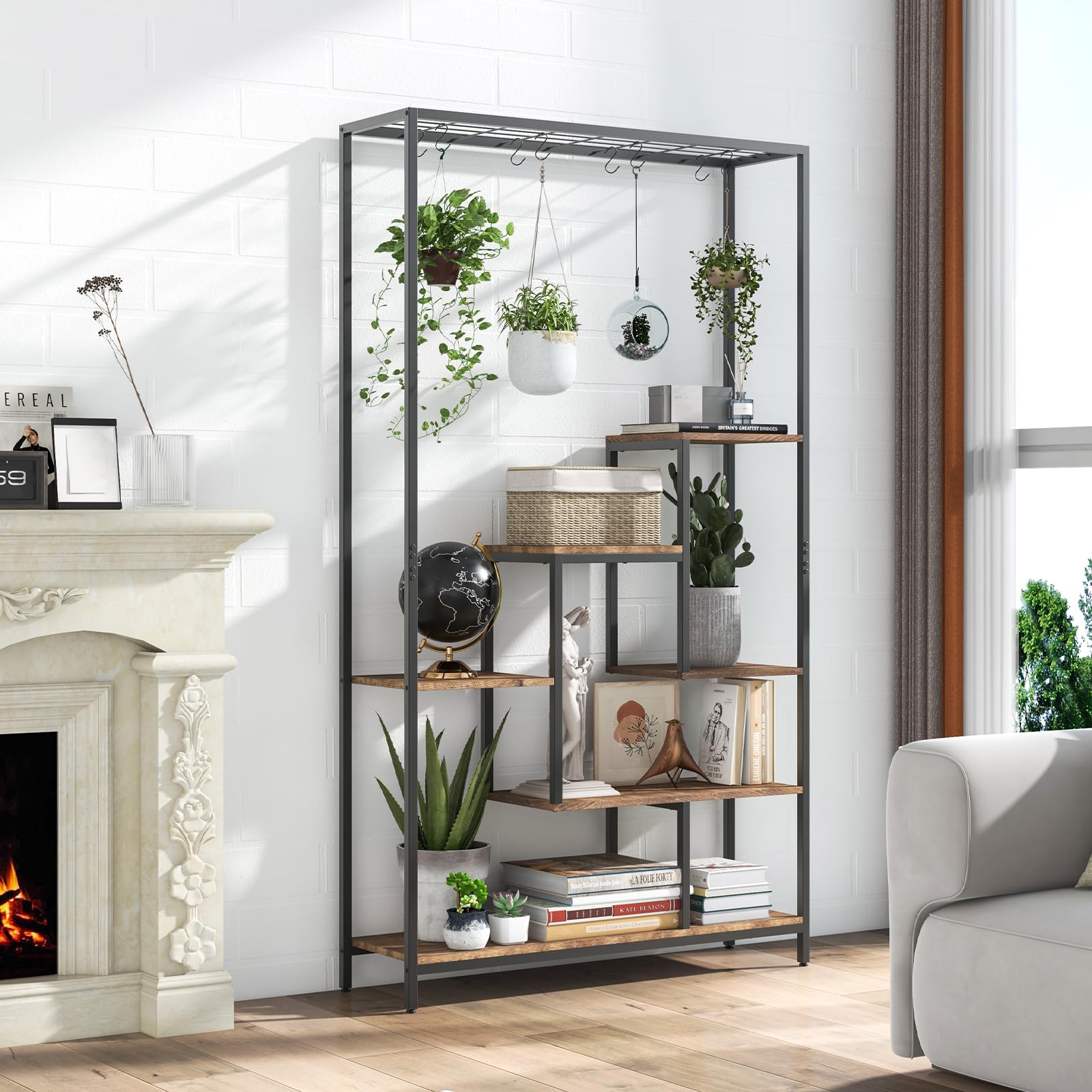 GOPLUS 6 Etagen Pflanzenständer, Pflanzenregal mit Hängeregal & 10 S-Haken, Blumenregal Blumenständer Blumentreppe für Wohnzimmer & Balkon, 100 x 30 x 180 cm (Rustikales Braun)