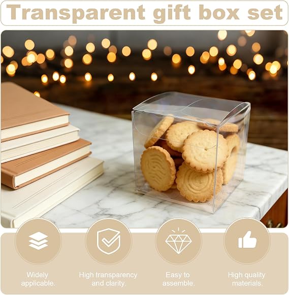 30PCS Clear Favor Boxes, Transparent PVC Cube Boxes, 8 * 8 * 8 cm Small Gift Boxes with Gold Gift Ribbon for Candy Chocolate Birthday, Wedding, Party Favors