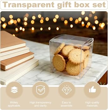 30PCS Clear Favor Boxes, Transparent PVC Cube Boxes, 8 * 8 * 8 cm Small Gift Boxes with Gold Gift Ribbon for Candy Chocolate Birthday, Wedding, Party Favors