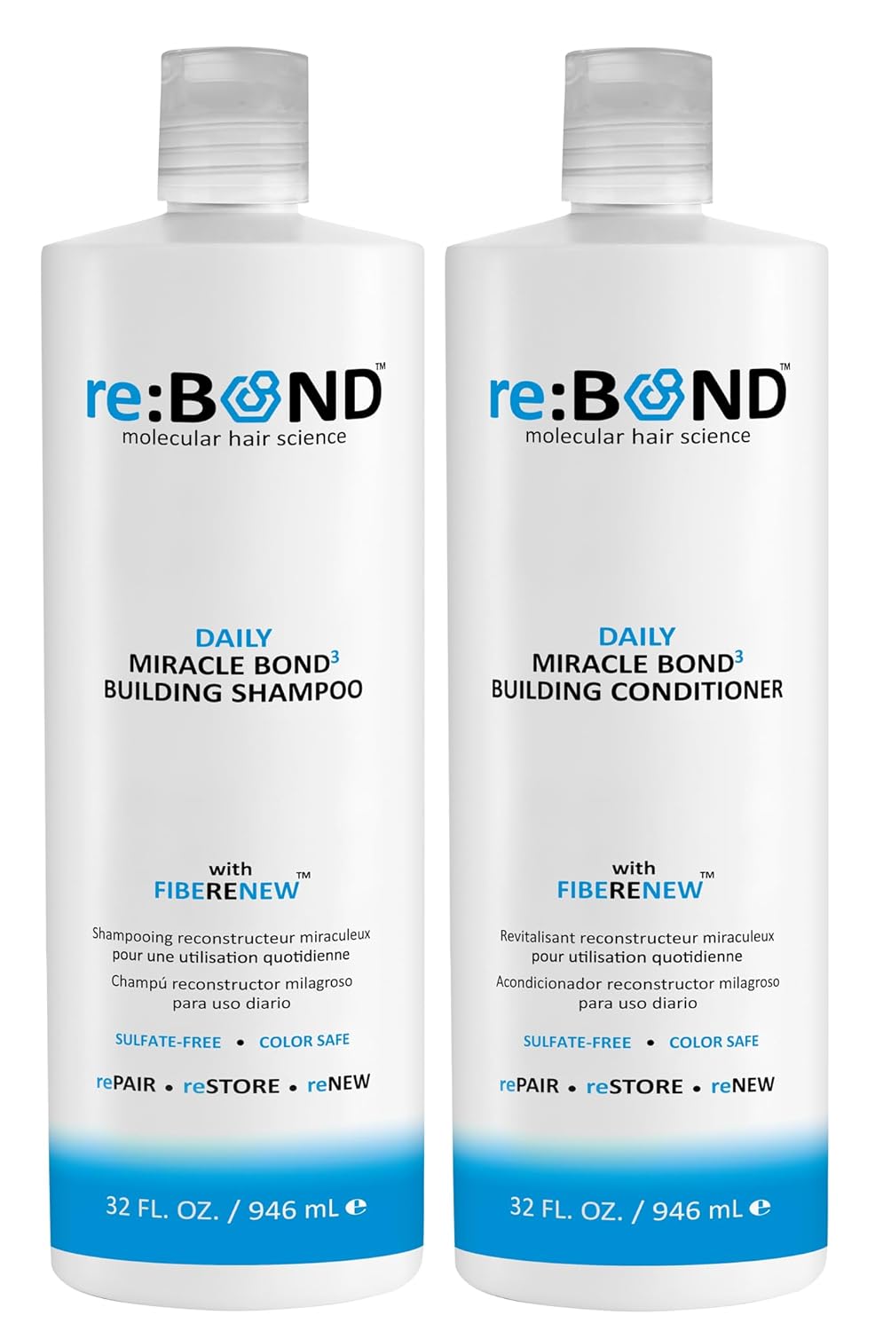reBOND Hair Daily Miracle Bond³ Building Shampoo and Conditioner 32 oz Duo