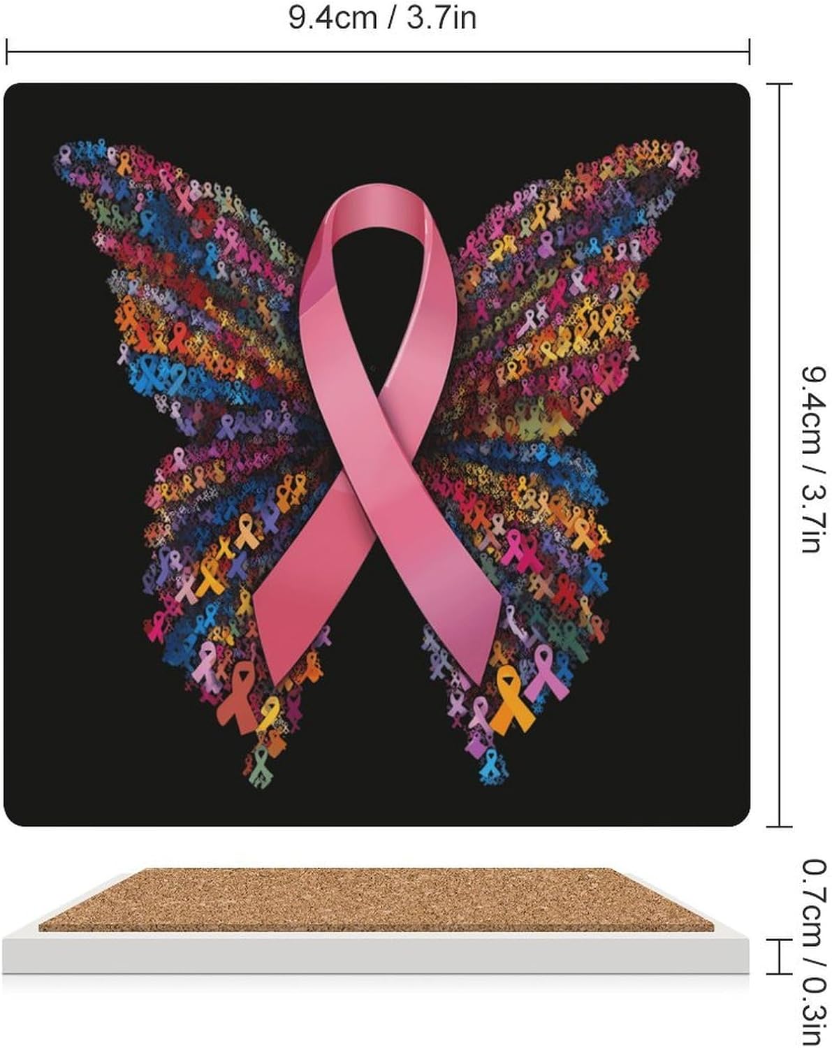 Breast Cancer Rainbow Ribbon Butterfly Coaster for Drinks Square Ceramic Table Coasters Stone Mat Crafts 6PCS Home Kitchen Decor
