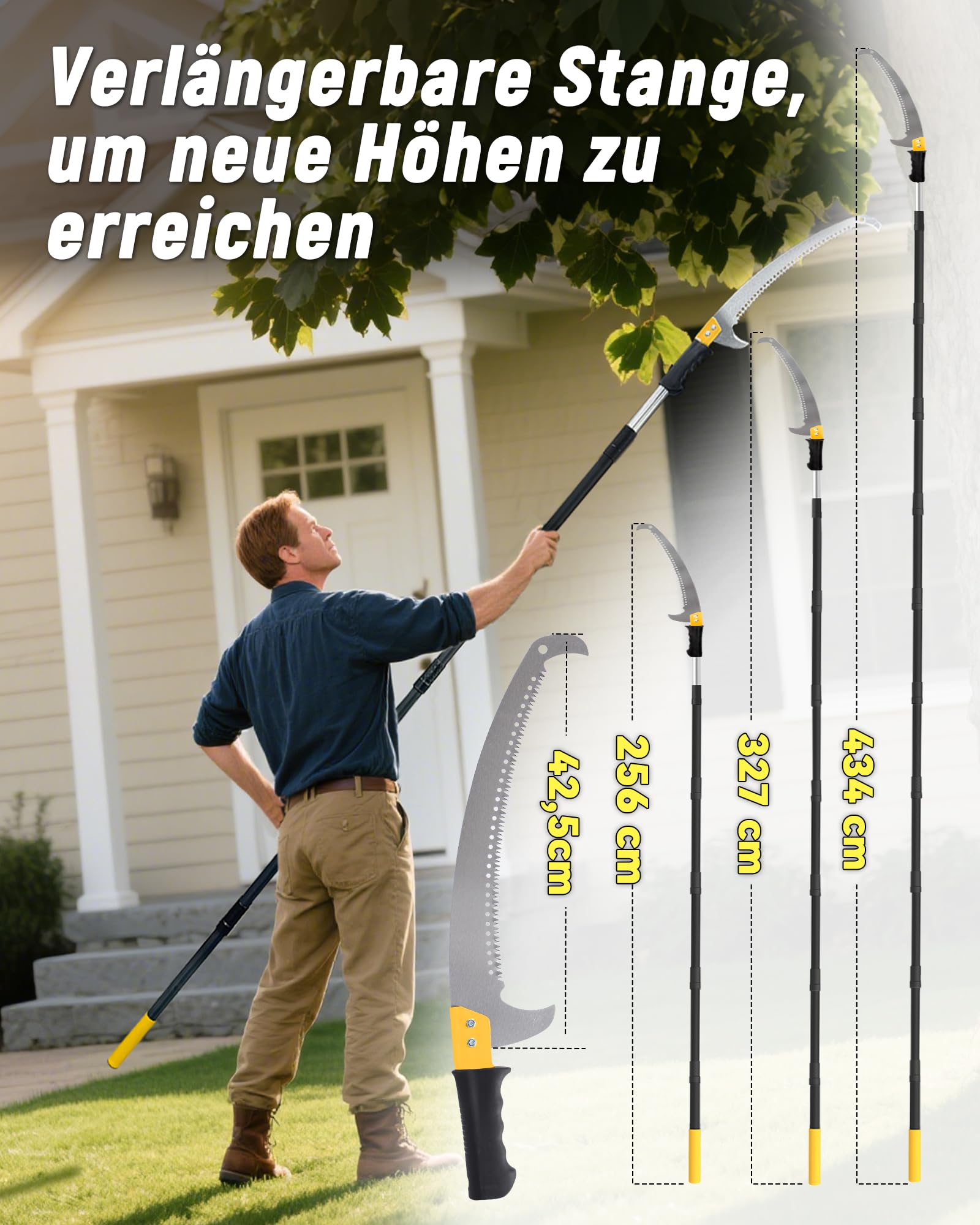 Astsägen mit Stiel zum Baumschnitt 4,3M Leichtgewichtige manuelle Edelstahlverlängerung, hohe Baumsäge mit Klinge für Trimmer, Äste, Baumschneider bei Forstwirtschaft, Hof, Garten und