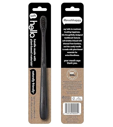 Miniatura 3 de Hello Cepillo de dientes de cerdas suaves con infusión de carbón, negro, sin BPA, vegano, mango a base de plantas, 1 unidad (paquete de 6)