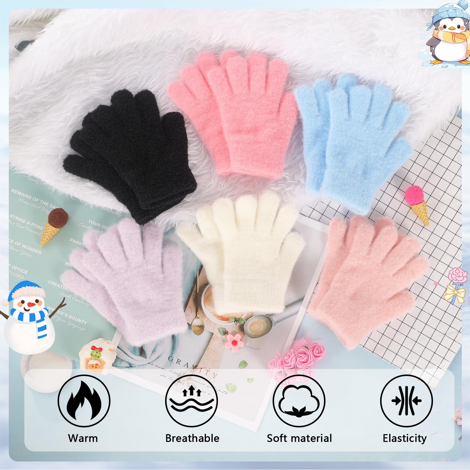 QKURT 6 Pares de Guantes Cálidos de Invierno para Niños, Guantes Infantiles de Colores Lisos con Dedos Completos, Guantes Elásticos de Invierno para Niños y Niñas de 4 a 10 años