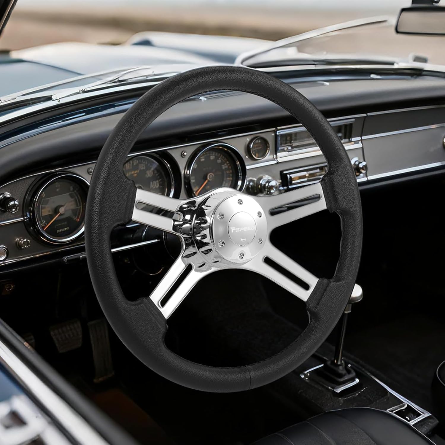 18" Truck Steering Wheel,5-Bolt 4-Spoke Aluminum Chrome Design Black Lychee Grip Fit for Kenworth for Peterbilt for Freightliner for Volvo and for Semi-trailer and Truck with Horn Button