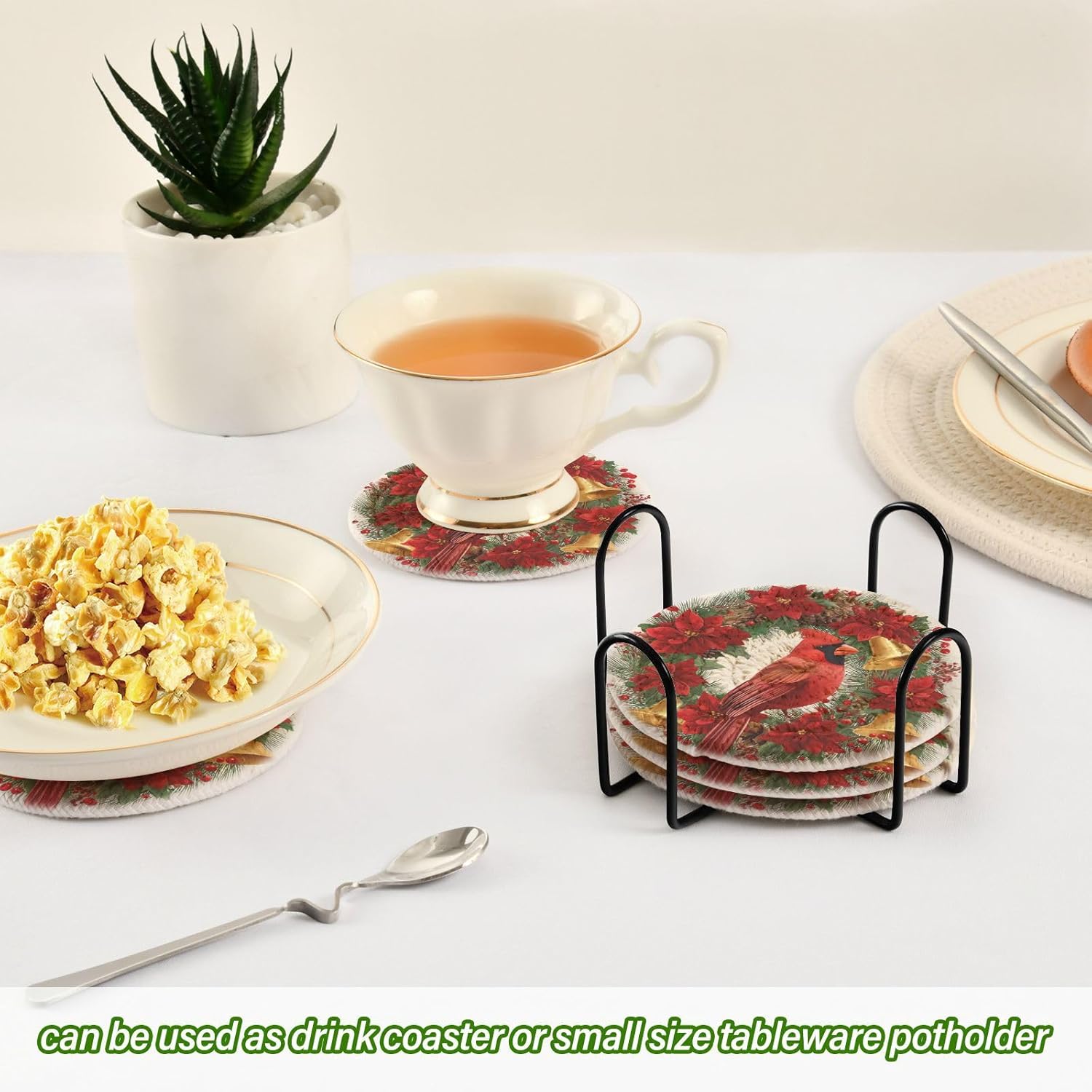 クリスマスリースバーコースター ドリンクポインセチア カーディナルバードコースター 6枚セット メタルホルダー付き コットン織コース