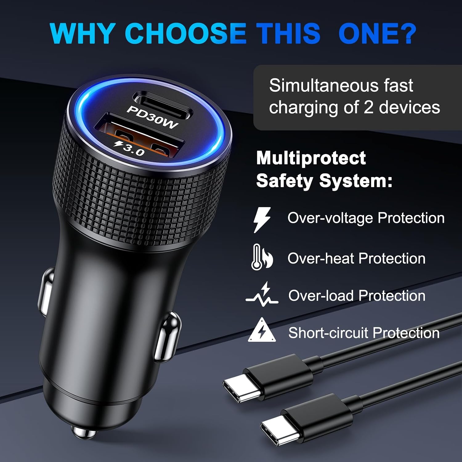 Penemay Car Charger USB C Car Phone Charger, Multi Port Cigarette Lighter Car Adapter for iPhone 17 16 15 Pro Max/14/13/12/11