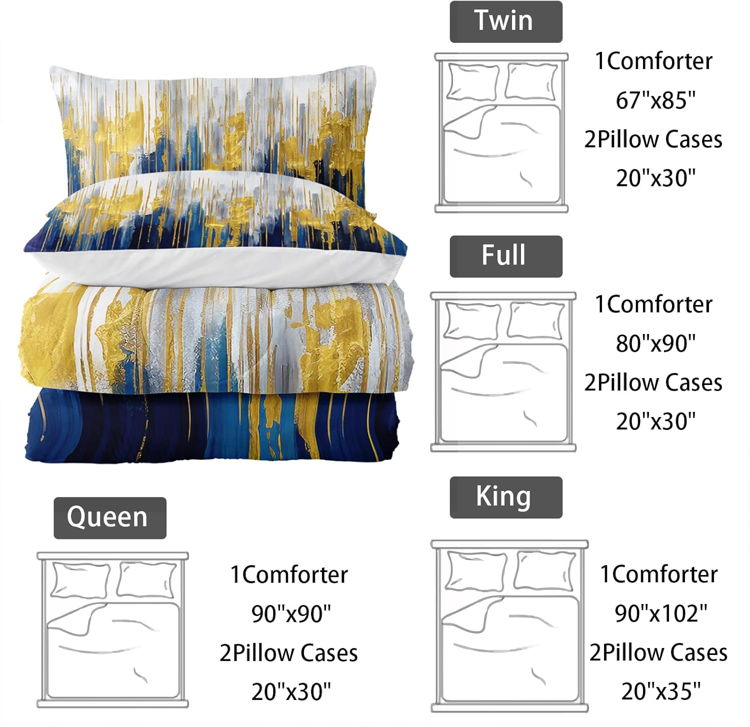 Blue White Gold Gradient Color Print Comforter Set Twin Size,Abstract Art Bedding Set,Patchwork Printed Quilted Set for Teens Adult,with 1 Comforter and 2 Pillow Case - Image 7