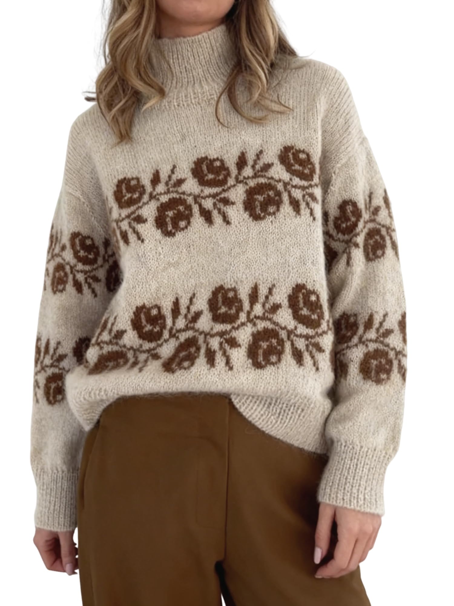 ZAFUL Flower Crochet Turtleneck Sweater for Women Pullover Puff Long Sleeve Boho Knit Sweaters Trendy Knitwear Tops