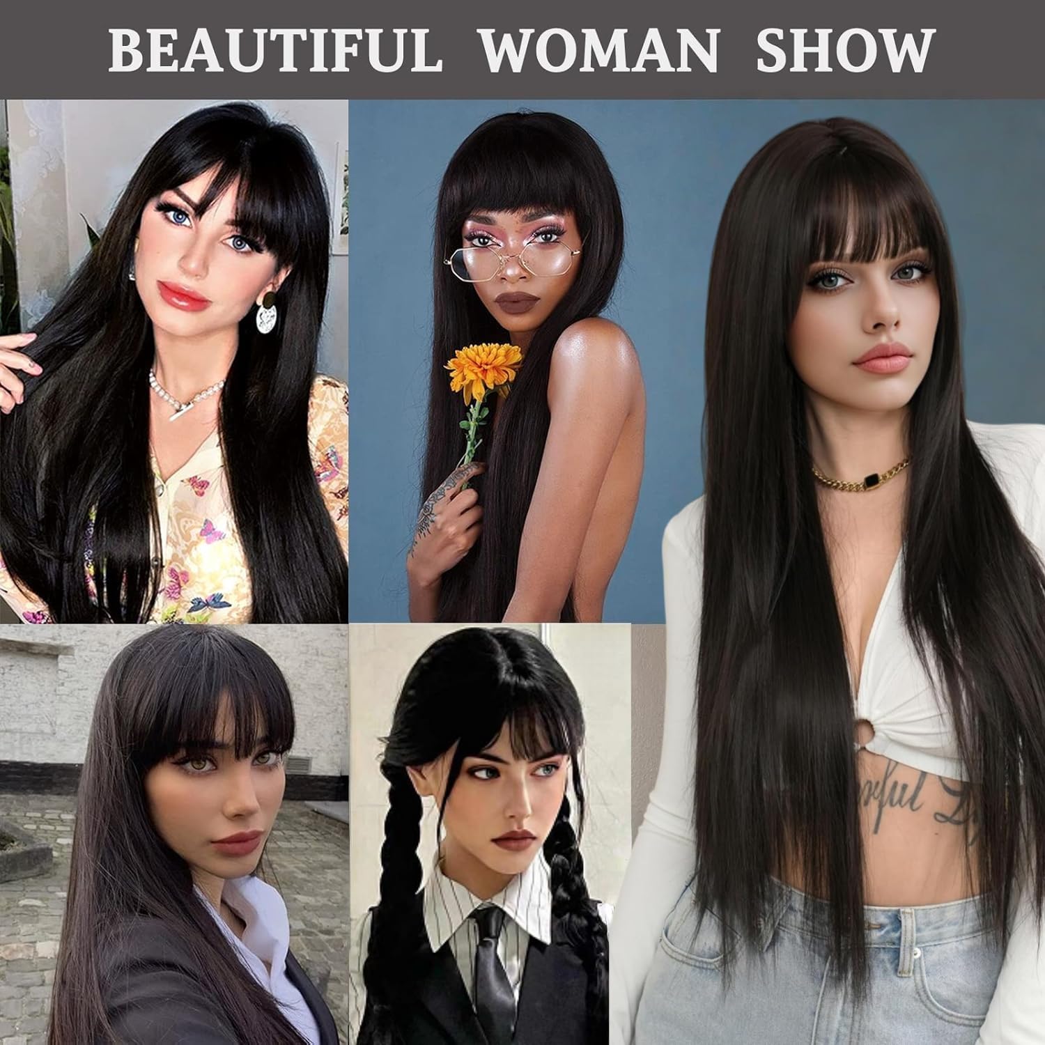 Long Straight Black Wig with Bangs for Women, Synthetic Hair, Natural Looking, Heat Resistant
