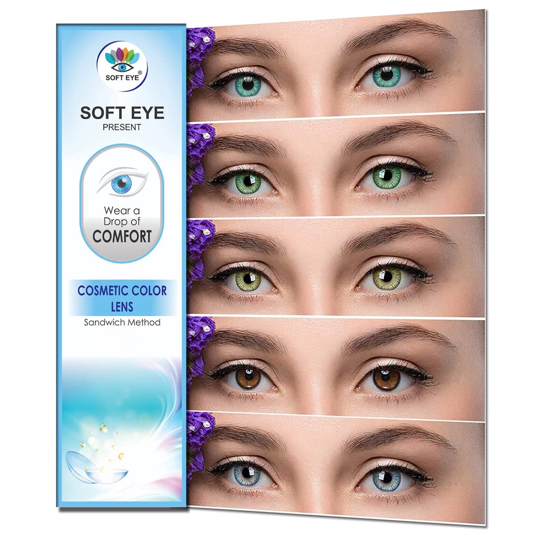 Soft Eye Combo Pack of 5 Pair Monthly Colored Contact Lens Zero Power with Lens Case Aqua-Green-Hazel-Honey-Blue.-image-14