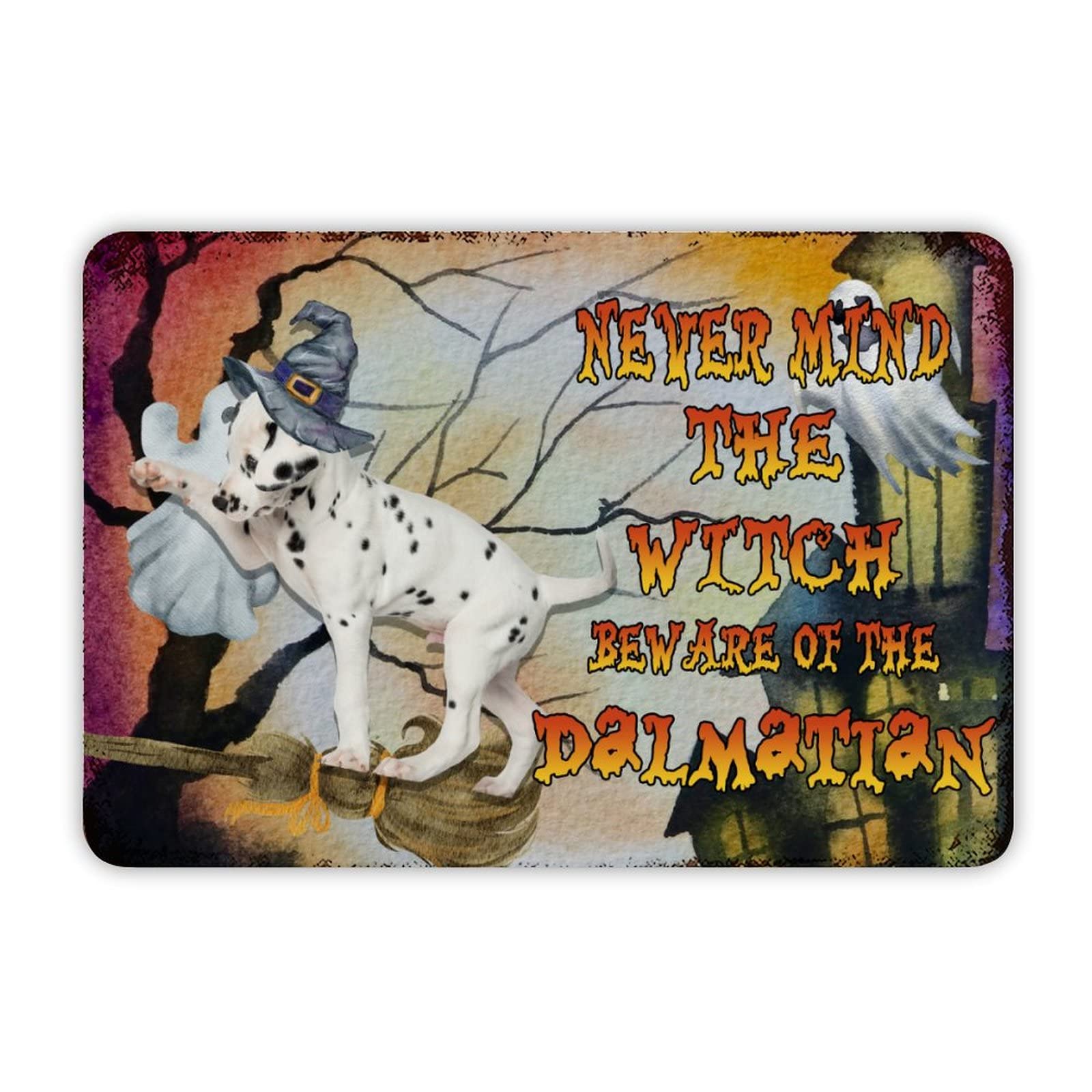 ENEDNATE Farmhouse Man Cave Metal Sign Happy Halloween Never Mind The Witch Beware of The Dog Retro Aluminum Tin Metal Signs for Indoor Outdoor Yard Office Kitchen Living Room Door Home Décor 8"x12"