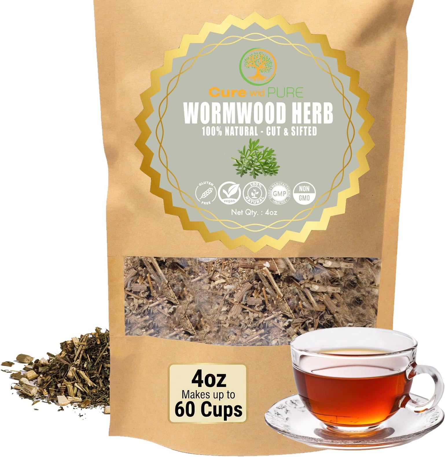 Cure wid Pure Organic Wormwood Herb Dried Cut & Sifted 4oz/114g - Artemisia Absinthium - Non-GMO,Preservative & Additives Free Wormwood Tea In Eco Friendly Resealable Pouch Traditional Herbal Remedy