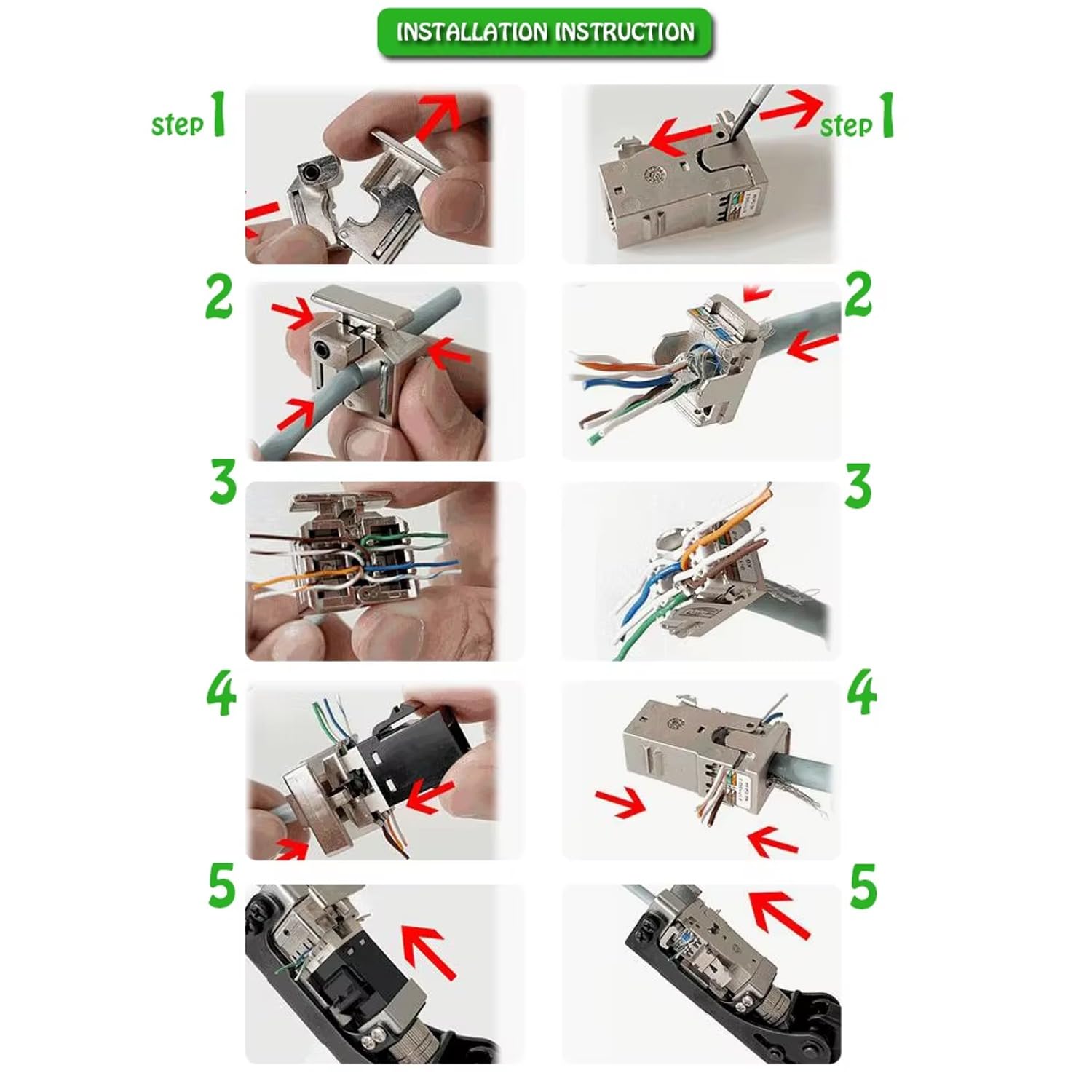 BLACK CROWN 180 Degree Keystone Jack Punch Down Tool (Fit Specific AMP 110 Series 8 Position Jacks Only), CAT5/5e and CAT6/6A Adapter Fast Termination Crimper, One Hand Operation Green Handle. 3