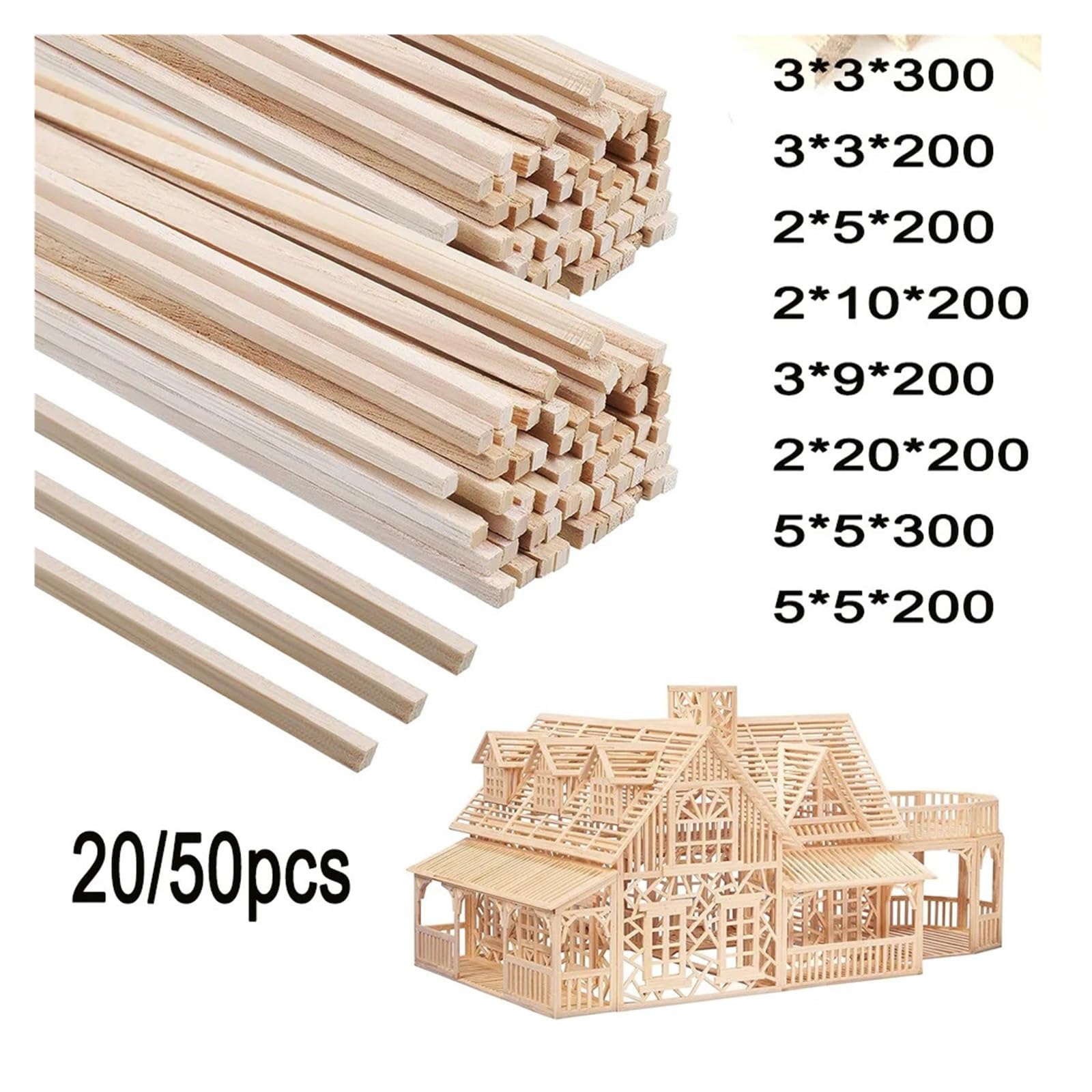 Drewniane pręty kołkowe, Zestaw różnorodnych naturalnych drewnianych patyczków w różnych rozmiarach do majsterkowania, modelarstwa i dekoracji(2x10x200mm 50pcs)